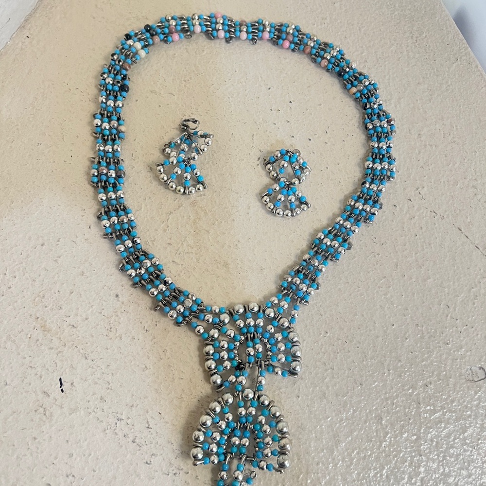 1970's Silvertone Turquoise Safety Pin Necklace & Earring Set Southwestern‎ - Picture 10 of 12